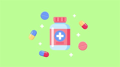 Medicine bottle and a few pills and capsules animation with a green ...