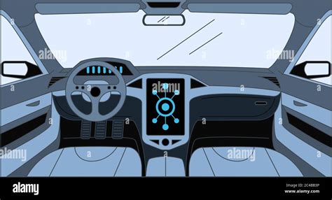 Car interior vector cartoon outline illustration. Driver view with big sensor system, rudder ...