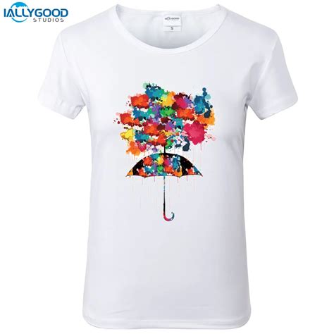 Summer Funny Rainbow rainy day T Shirt Women Colourful Umbrella Printed ...