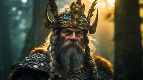 Premium AI Image | A viking warrior with a crown on his head stands in a forest.