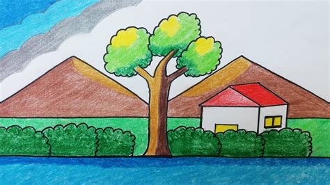 Landscape drawing of nature with colour easy| drawing for kids