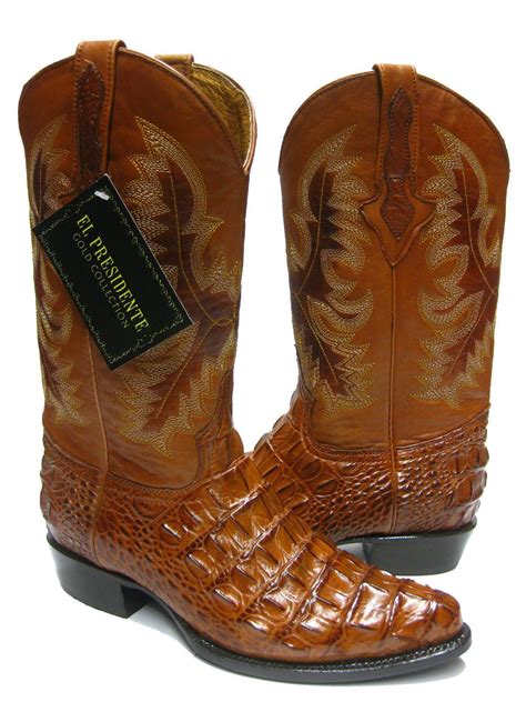 Boots Men's Leather Crocodile Ostrich Design Rodeo Western Cowboy Boots J Toe Cognac Clothing ...