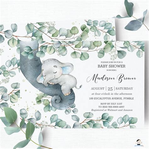 Rustic Greenery Elephant Baby Boy Shower Invitation Editable Template ...