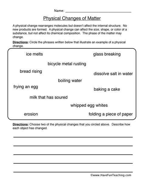 Physical Changes Matter Worksheet by Teach Simple