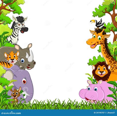 Cute Animal Cartoon With Tropical Forest Background Royalty Free Stock Photography - Image: 34190787