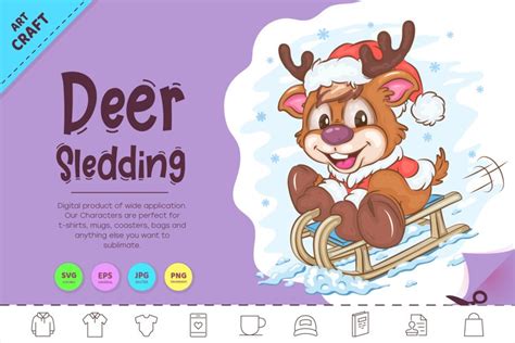 Cartoon Deer Sledding. Clipart