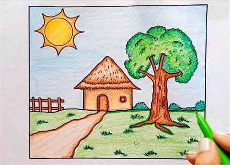 Easy Kutcha House Drawing | Village House Scenery Drawing for kids [Video]