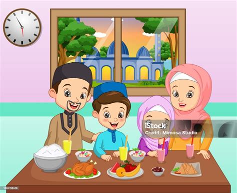 Kartun Bahagia Keluarga Muslim Merayakan Di Pesta Buka Puasa Ilustrasi ...