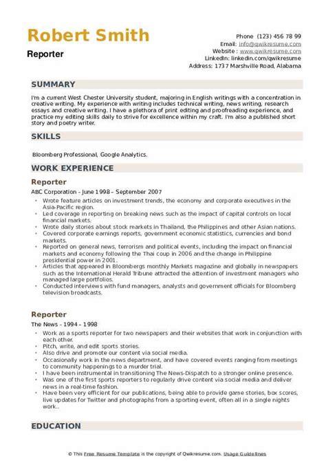 News Reporter Resume Sample