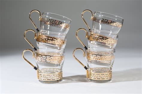 Glass Coffee Mugs - 6 x 6oz Vintage Gold and Clear Glass Hollywood Regency Mugs with Handle and ...