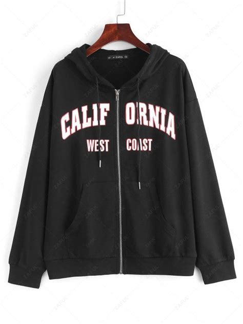 [33% OFF] 2021 Pockets Zip Up CALIFORNIA Graphic Hoodie In BLACK | ZAFUL