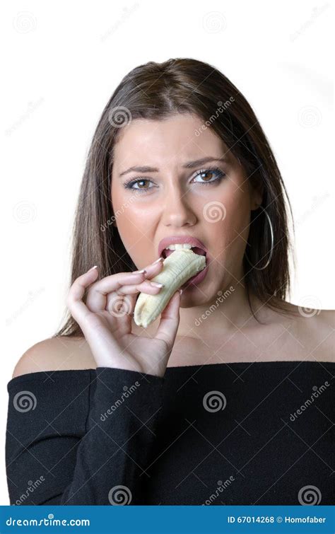 Cute Brunette Lady, Eating a Peeled Banana Stock Photo - Image of ...