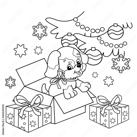 Coloring Page Outline Of Christmas tree with gifts and with little dog ...