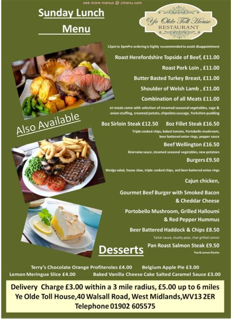 Menu at Ye Olde Toll House restaurant, Willenhall