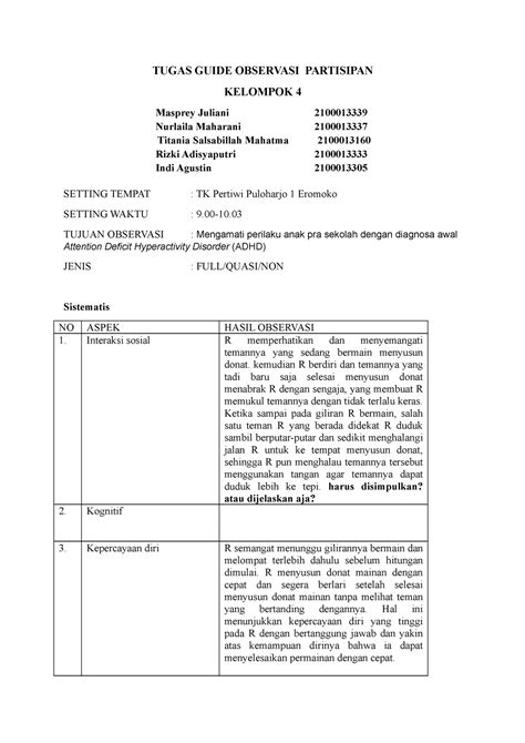 Tugas Guide Observasi Partisipan - TUGAS GUIDE OBSERVASI PARTISIPAN KELOMPOK 4 Masprey Juliani ...