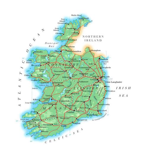 Detailed elevation map of Ireland with roads, cities and airports ...