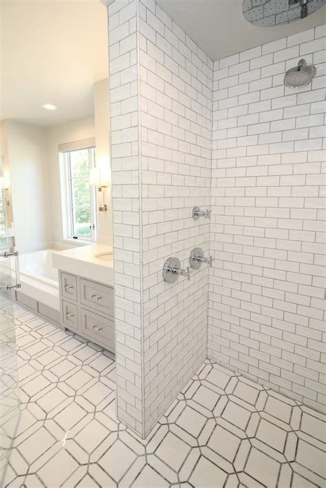 White Brick Tiled Shower With White Pattern Tiled Floor | Shower tile ...