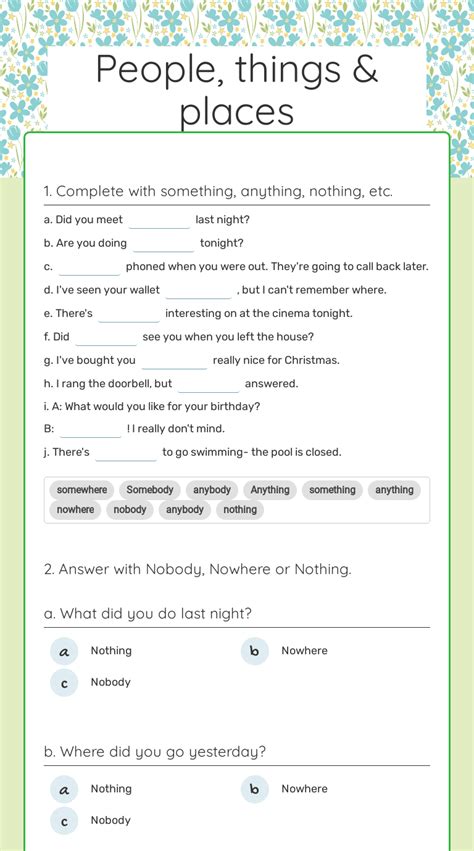 People, things & places | Interactive Worksheet by Ana Morán | Wizer.me