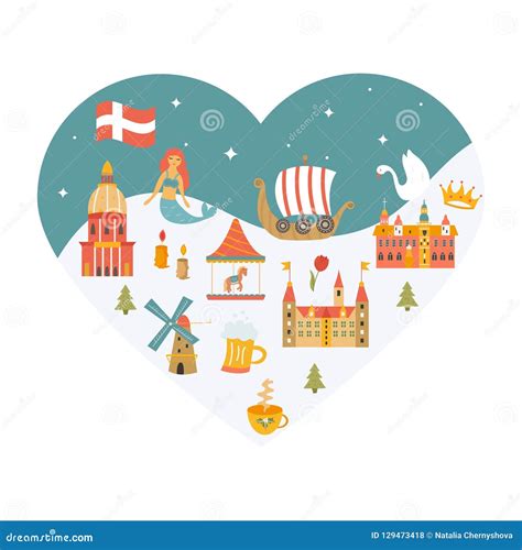 Heart Shaped Poster with Set of Danish Symbols Stock Vector ...