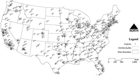 Map of 436 airport locations and 15 NM buffer zones around ATCTs... | Download Scientific Diagram