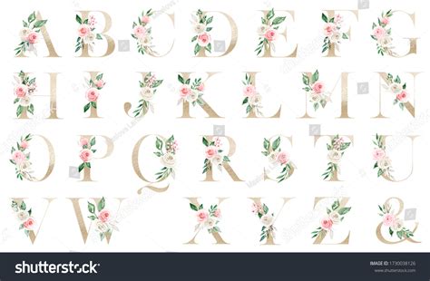 Floral Gold Alphabet Letters Watercolor Flowers: стоковая иллюстрация ...