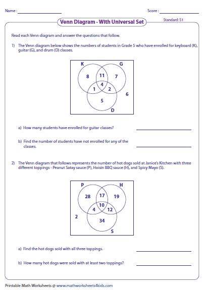 Venn Diagram Word Problems Worksheets: Three Sets