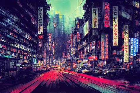 Tokyo Cyberpunk Cityscape at Night, 07 Painting by AM FineArtPrints - Pixels