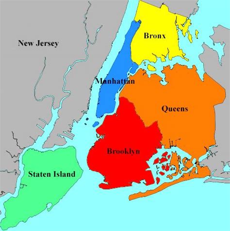the new york city map, with its major cities and their respective towns in red