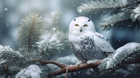 A desktop wallpaper of a snowy owl on a pine branch