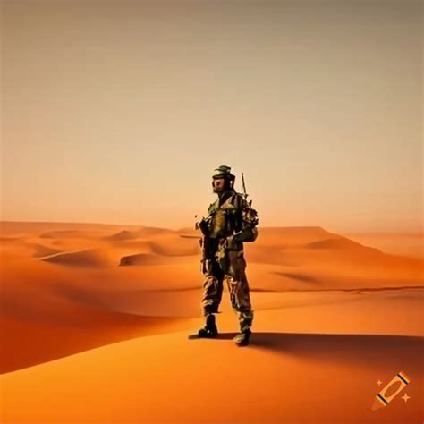 Indian army soldier in the sahara desert with weapons