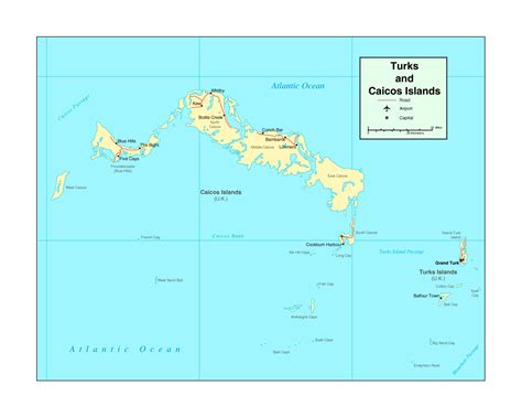 Detailed political map of Turks and Caicos Islands with roads, major ...