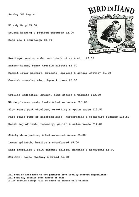 Menu at Bird in Hand pub & bar, Bristol, 17 Weston Rd