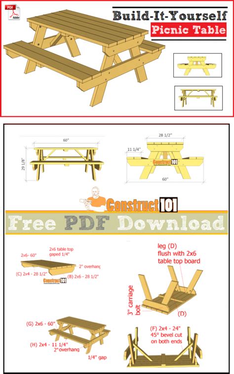 Traditional Picnic Table Plans - PDF Download - Construct101