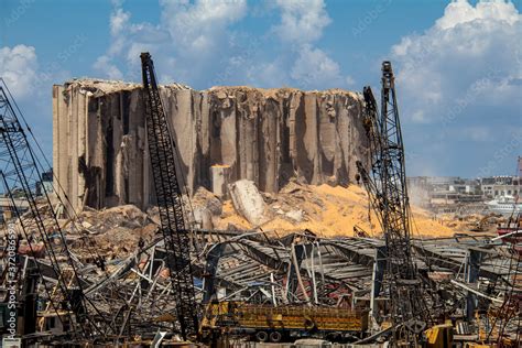 Aftermath of the Beirut port explosion, featuring a damaged grain silo ...