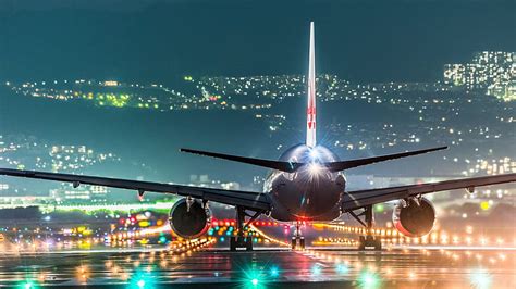 Plane taking off into colorful lights, runway, plane, city, colors ...