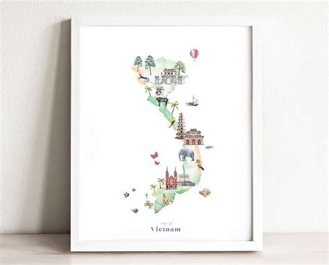 Vietnam Map Art Print Illustrated Watercolor Decor Country | Etsy