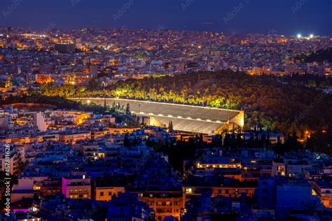 Panathenaic stadium in Athens at night, Greece (hosted the first modern ...