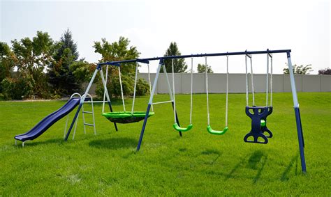 Sportspower Outdoor Rosemead Metal Swing Set with Roman Glider, Saucer, and 6ft Heavy Duty Slide ...