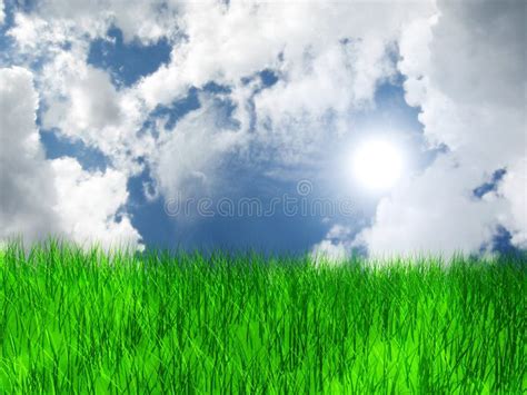 Meadow with Grass and Blue Sky and Clouds Stock Illustration - Illustration of plain ...