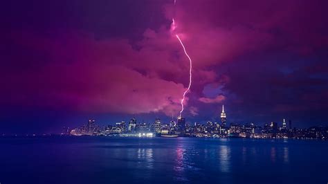 HD wallpaper: Manhattan, New York City, Hudson river, storm lightning, night city | Wallpaper Flare