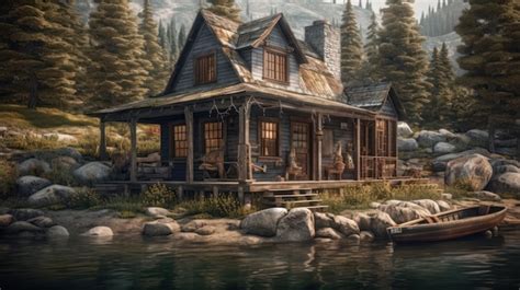 Premium AI Image | A painting of a house by the lake