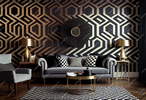 Premium AI Image | A living room with a black and gold wallpaper with a mirror on the wall.