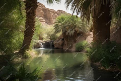 Premium AI Image | Desert oasis with waterfall and greenery visible in the background created ...