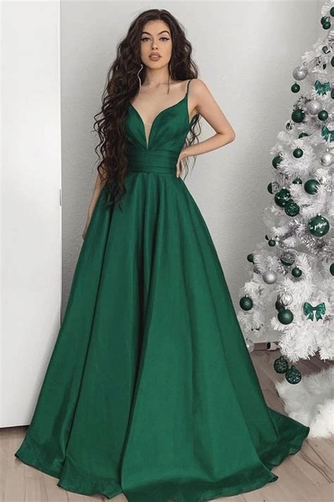 Elegant V Neck Emerald Green Satin Long Prom Dress, V Neck Green Formal Graduation Evening Dress ...