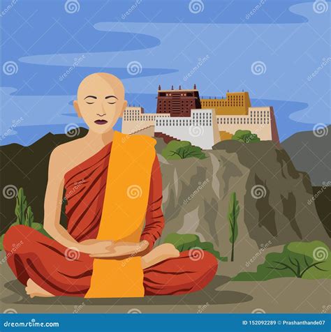 Buddhist Tibetan Monk Meditating with Monastery on Mountain Stock ...