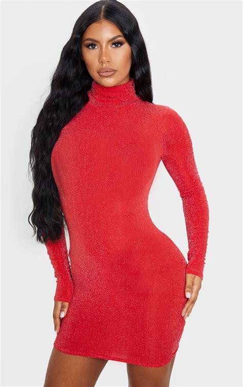 Red Textured Glitter Roll Neck Bodycon Dress | PrettyLittleThing USA