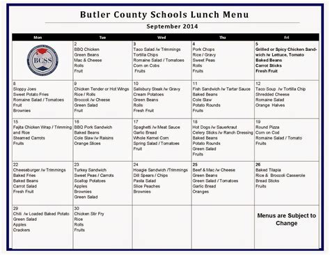 Welcome to W. O. Parmer Elementary School: September 2014 Lunch Menu