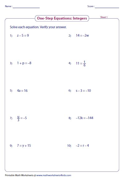 One Step Equation Worksheets