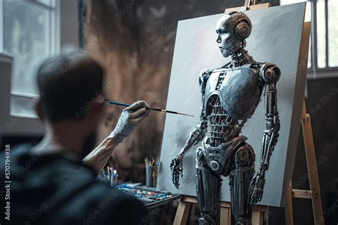 Humanoid AI robot working in an art studio painting a picture, Art ...