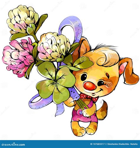 Little Puppy with a Beautiful Bouquet of Flowers Stock Illustration - Illustration of memory ...